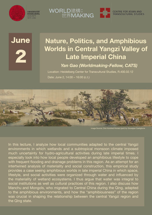 Poster of the talk "Nature, Politics, and Amphibious Worlds in Central Yangzi Valley of Late Imperial China" by Yan Gao